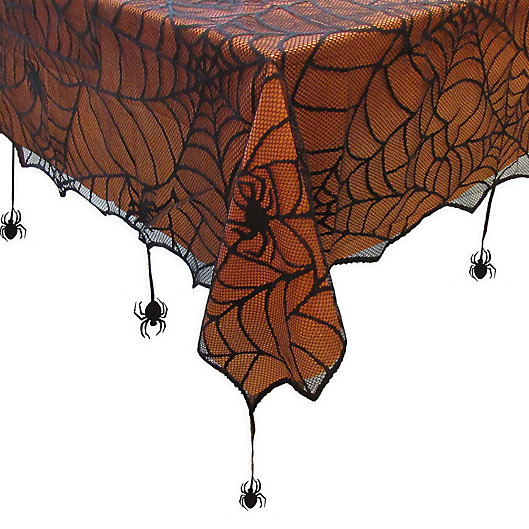 Alternate image 1 for Crawling Halloween Spiderweb 60-Inch x 84-Inch Oblong Tablecloth in Black/Orange