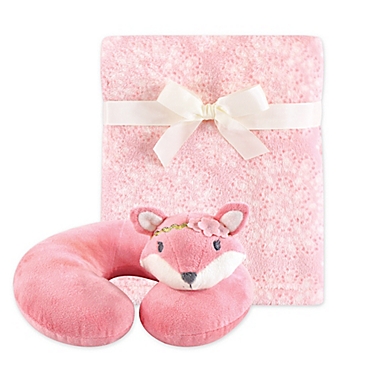 Hudson Baby&reg; Miss Fox Neck Pillow and Blanket Set in Pink. View a larger version of this product image.