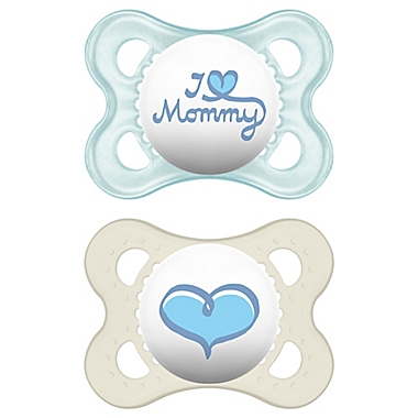 MAM Love & Affection Age 0-6 Months I Love Mommy Pacifier in Blue (2-Pack). View a larger version of this product image.