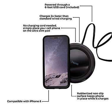iHome&reg; Ultra Slim 10W Qi Wireless Charging Pad in Black. View a larger version of this product image.
