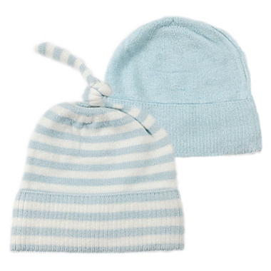 NYGB&trade; Newborn 2-Pack Striped Top Knot and Solid Knit Hats in Pastel Blue. View a larger version of this product image.