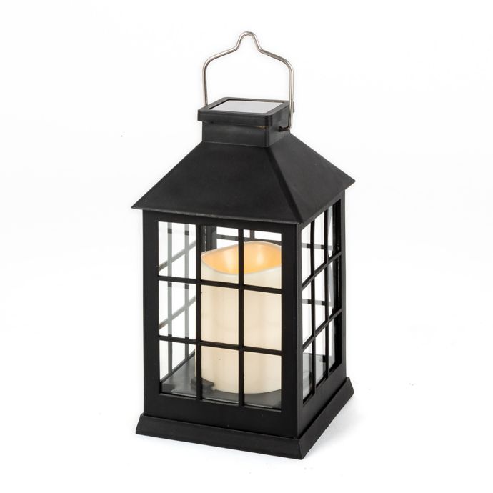 Solar Powered 7.5Inch Outdoor Lantern with LED Candle in Black Bed