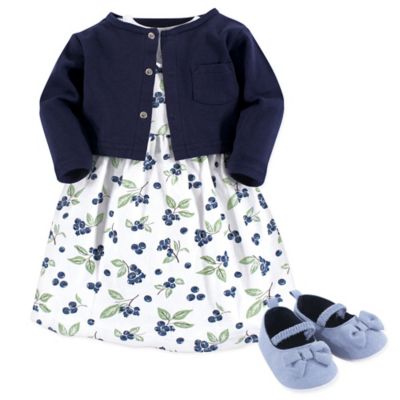 Hudson Baby&reg; 3-Piece Blueberries Dress, Cardigan, and Shoe Set in Blue