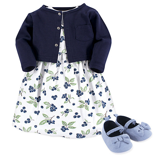 Alternate image 1 for Hudson Baby® 3-Piece Blueberries Dress, Cardigan, and Shoe Set in Blue