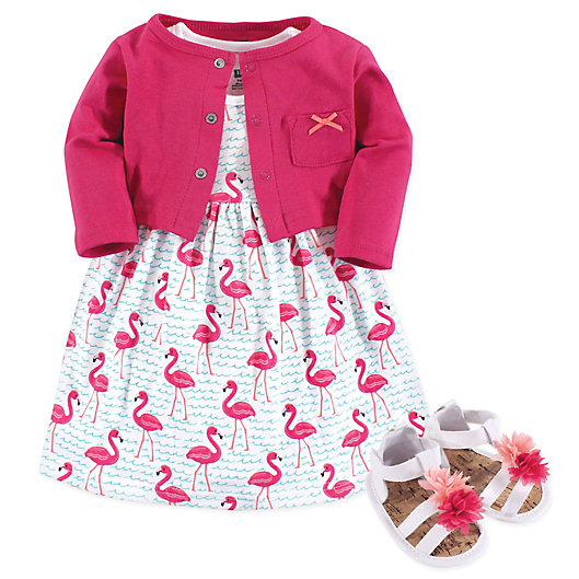Alternate image 1 for Hudson Baby® 3-Piece Flamingo Cardigan, Dress and Shoe Set in Pink