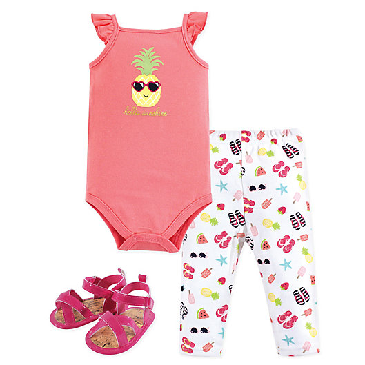 Alternate image 1 for Hudson Baby® 3-Piece Hello Sunshine Bodysuit, Pant, and Sandal Set in Pink