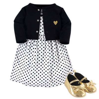 Hudson Baby&reg; Size 6-9M 3-Piece Black Dot Dress, Cardigan and Shoe Set