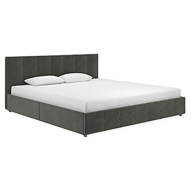EveryRoom Ryder King Velvet Upholstered Bed Frame with Storage in Grey. View a larger version of this product image.