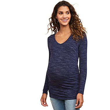 Motherhood Maternity&reg; Small Long Sleeve Side Ruched Maternity T-Shirt in Navy Spacedye. View a larger version of this product image.