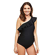 Motherhood Maternity&reg; Large Beach Bump Ruffle Front One Shoulder Maternity Swimsuit in Black