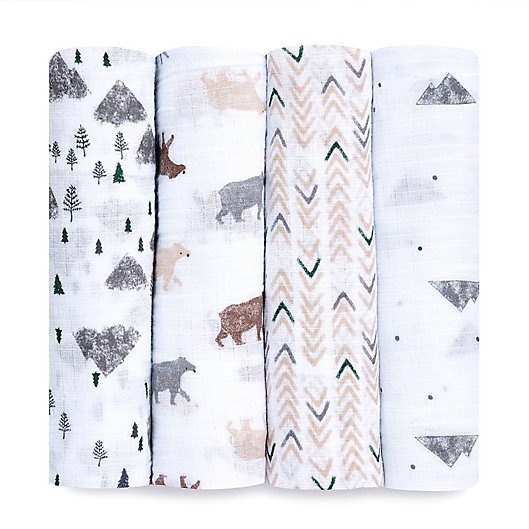 Alternate image 1 for aden + anais™ essentials 4-Pack Bear Cotton Muslin Swaddles in Grey