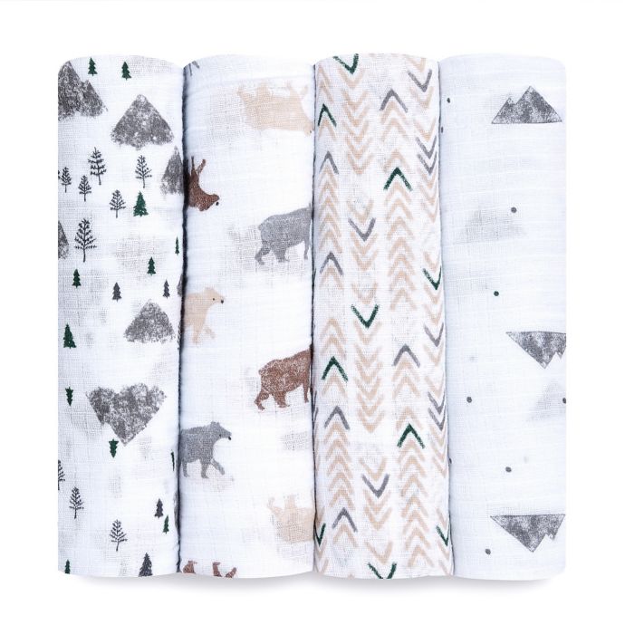 aden + anais™ essentials 4Pack Bear Cotton Muslin Swaddles in Grey