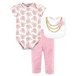 Little Treasure 3-Piece Gold Roses Bodysuit, Pant, and Bib Set in Pink