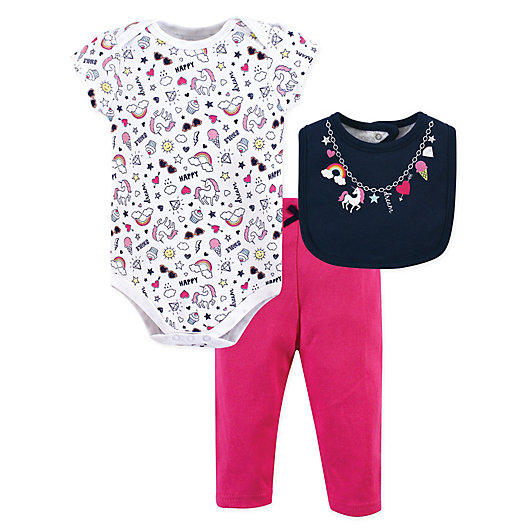Alternate image 1 for Little Treasure Size 3-6M 3-Piece Happy Rainbow Bodysuit, Pant, and Bib Set in Pink