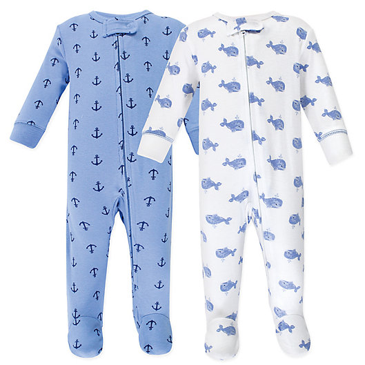 Alternate image 1 for Hudson Baby® Preemie 2-Pack Whales Footies in Blue/White