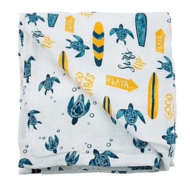 Bebe Au Lait&reg; Surf &amp; Sea Turtle Luxury Stroller Blanket in Blue/Yellow. View a larger version of this product image.