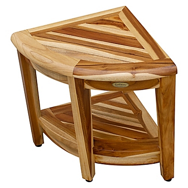 DecoTeak&reg; Oasis Teak Corner Shower Bench with Shelf in Natural. View a larger version of this product image.