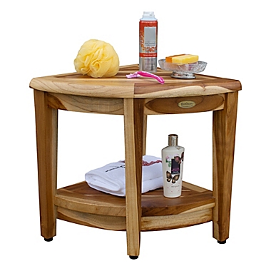DecoTeak&reg; Oasis Teak Corner Shower Bench with Shelf in Natural. View a larger version of this product image.