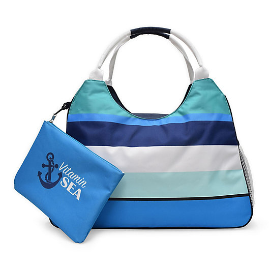 Alternate image 1 for Insulated Beach Tote with Detachable Swim Pouch in Blue Stripe 