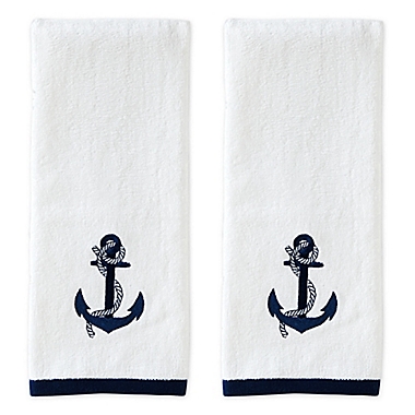 Navy blue 2 piece hand towels  with embroidered anchor 