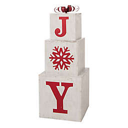 Glitzhome Joy 31.98-Inch 3-Piece Wood Blocks Indoor/Outdoor Holiday Decoration Set in White