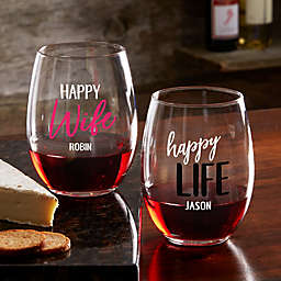 Happy Wife, Happy Life Personalized 21 oz. Stemless Wine Glass