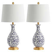 Safavieh Avi Table Lamp in Blue/White with Fabric Lamp Shade (Set of 2)