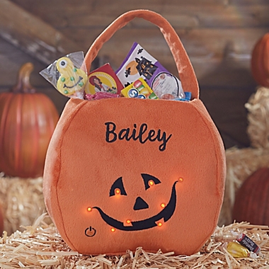 Light Up Pumpkin Embroidered Plush Trick or Treat Bag. View a larger version of this product image.