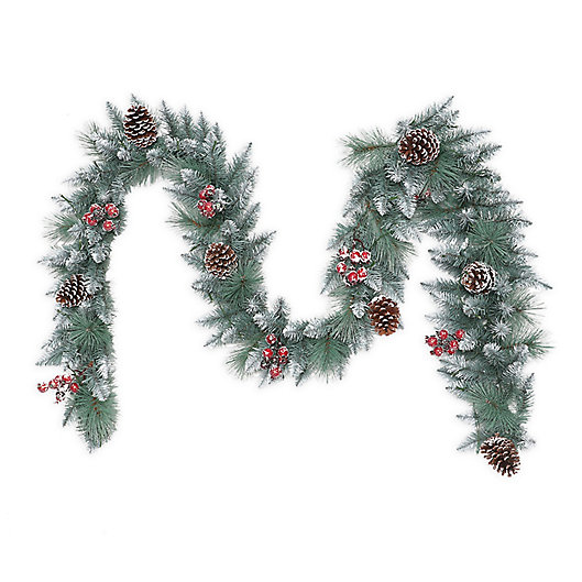 Alternate image 1 for Puleo International 9-Foot Indoor/Outdoor Faux Sterling Pine Garland with Pinecones in Green