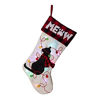Glitzhome &quot;Meow&quot; Cat LED Embroidered Christmas Stocking in White/Black/Red. View a larger version of this product image.