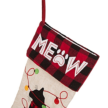 Glitzhome &quot;Meow&quot; Cat LED Embroidered Christmas Stocking in White/Black/Red. View a larger version of this product image.