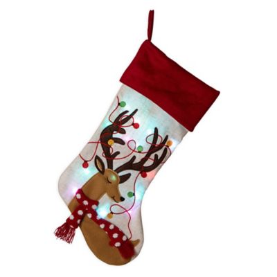 Glitzhome 21 in. L LED Embroidered Linen Christmas Stocking - Reindeer