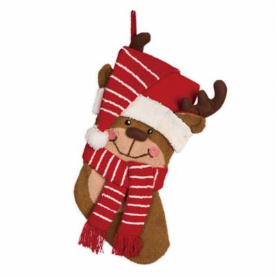 Glitzhome&reg; 19-Inch 3D Hooked Reindeer Stocking in Red/Brown
