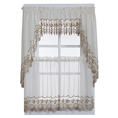 Vintage Sheer Window Curtain Swag Valance Pair in Ecru/Gold. View a larger version of this product image.