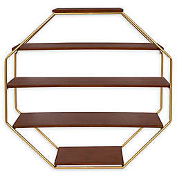 Kate & Laurel™ Lintz Octagonal Floating Wall Shelves in Walnut Brown/Gold