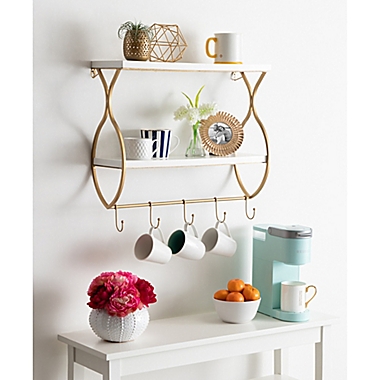 Spurling Wood and Metal Floating Wall Shelf with Hooks by Kate and Laurel 