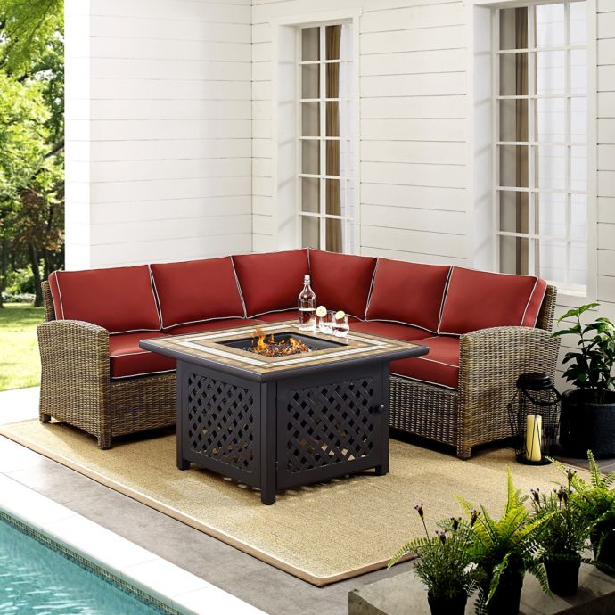 Crosley Bradenton 4 Piece Patio Sectional Set With Fire Pit And