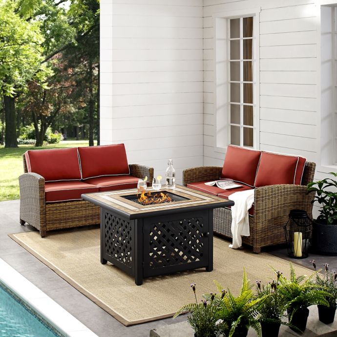 Crosley Bradenton 3 Piece Patio Loveseat Set With Fire Pit And