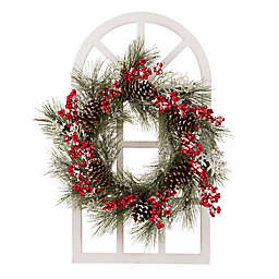 Glitzhome 36" Window Frame with Flocked Pinecone Wreath in Red/Green