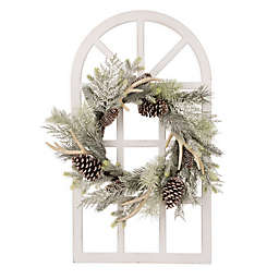 Glitzhome 36" Window Frame with Flocked Pinecone Wreath in White/Green
