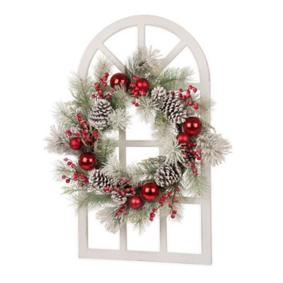 Glitzhome 36&quot; Window Frame with Flocked Pinecone Wreath in White/Red/Green