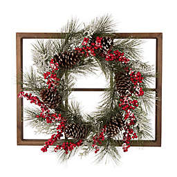 Glitzhome 28-Inch Window Frame with Flocked Pinecone Wreath in Green