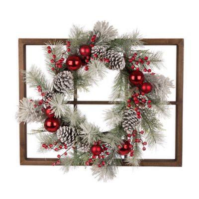 Glitzhome 28-Inch Window Frame with Flocked Pinecone Wreath in Red