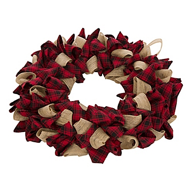 Glitzhome 19&quot; Plaid Fabric Wreath in Red. View a larger version of this product image.