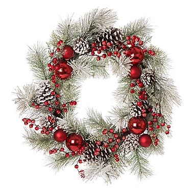 Glitzhome 24-Inch Flocked Pinecone and Ornament Wreath in Red. View a larger version of this product image.