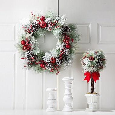 Glitzhome 24-Inch Flocked Pinecone and Ornament Wreath in Red. View a larger version of this product image.