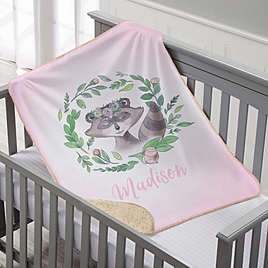 Woodland Floral Raccoon Personalized Sherpa Baby Blanket. View a larger version of this product image.