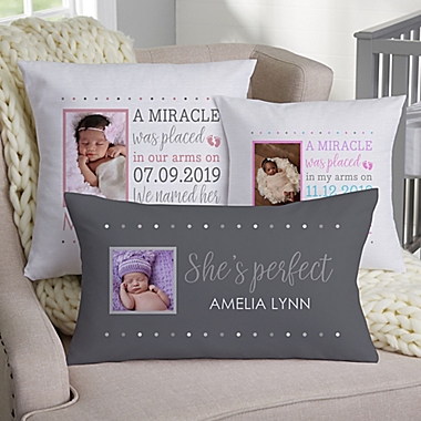 Baby Girl&#39;s Story 14-Inch Photo Keepsake Pillow in Pink/White. View a larger version of this product image.