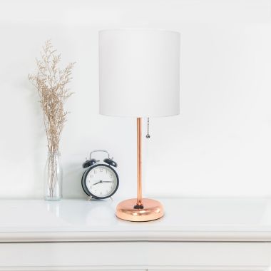 Rose Gold Stick Table Lamp with Charging Outlet and White Fabric Shade. View a larger version of this product image.