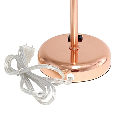 Rose Gold Stick Table Lamp with Charging Outlet and White Fabric Shade. View a larger version of this product image.
